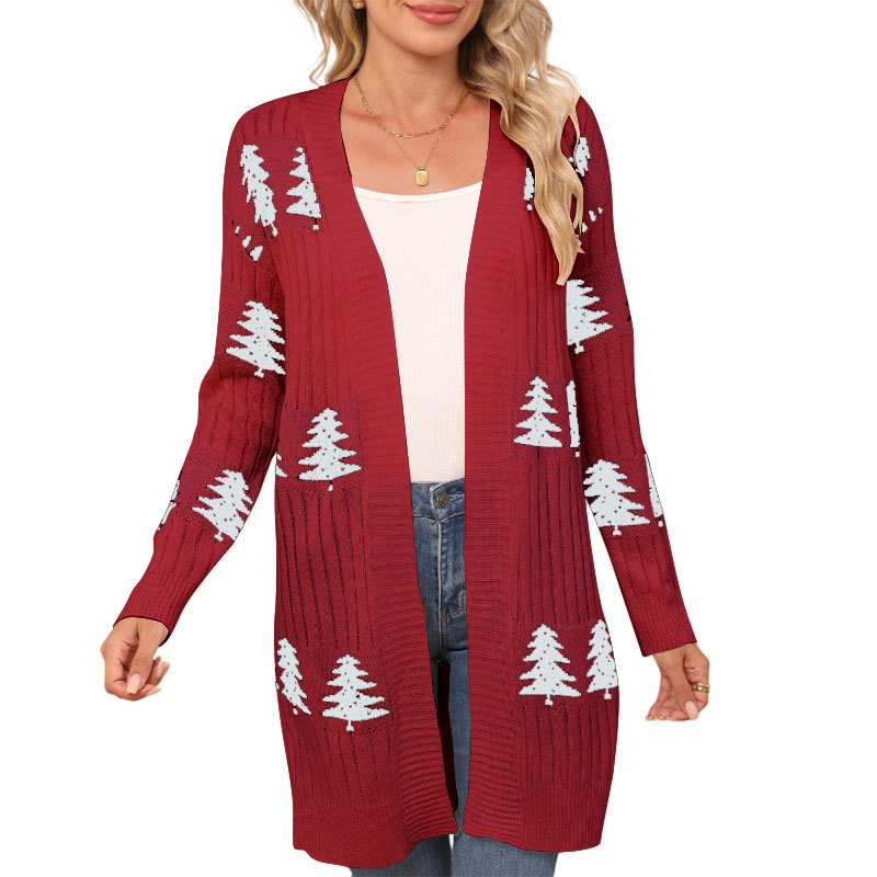 Womens Christmas Tree Pattern Long Cardigan Winter Open Front Knit Sweater